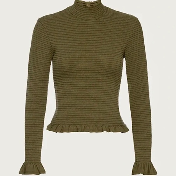 NATION LTD Yael Smocked High Ruffle Neck Top Ozark Green Pima Cotton Cutout Back - Picture 7 of 16